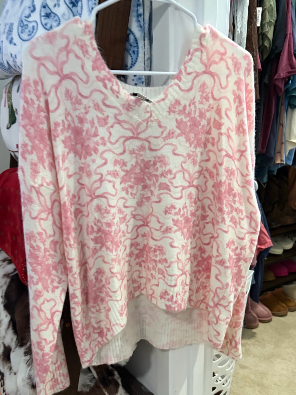 CeCe Pink and Cream Crewneck Patterned Sweater